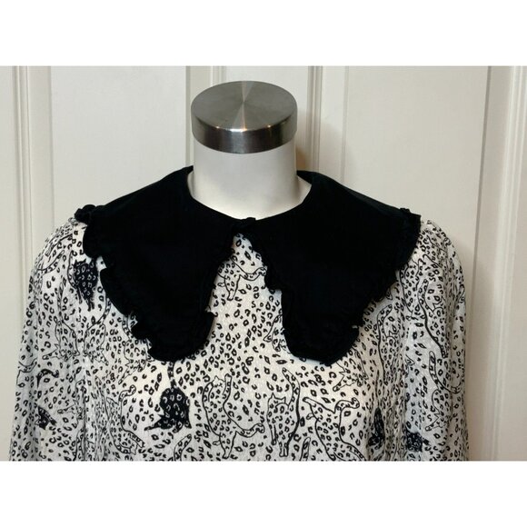 Ted Baker White Black Ruffle Collar Cat Print Oscala Dress, Size 2 TB | 6 US - Picture 3 of 12